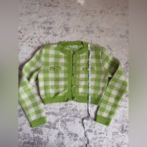 Mango Green and Cream Plaid crop Cardigan